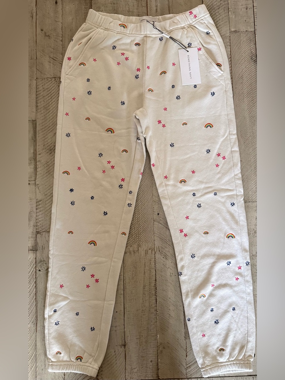 Something Navy Fleece Joggers Ivory with Rainbow Embroidery Size Small NWT